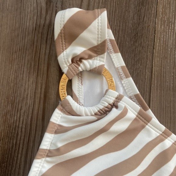 Michael Kors Brown Zebra Pint one Shoulder Ring Logo One piece Swimsuit Size 10 - Picture 3 of 10
